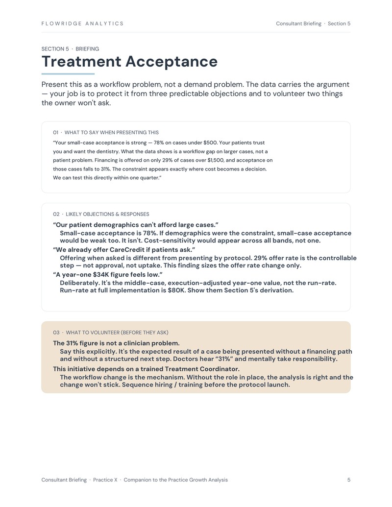 A page from the Consultant Briefing companion document, covering the treatment-acceptance finding with what to say, objections, and what to volunteer